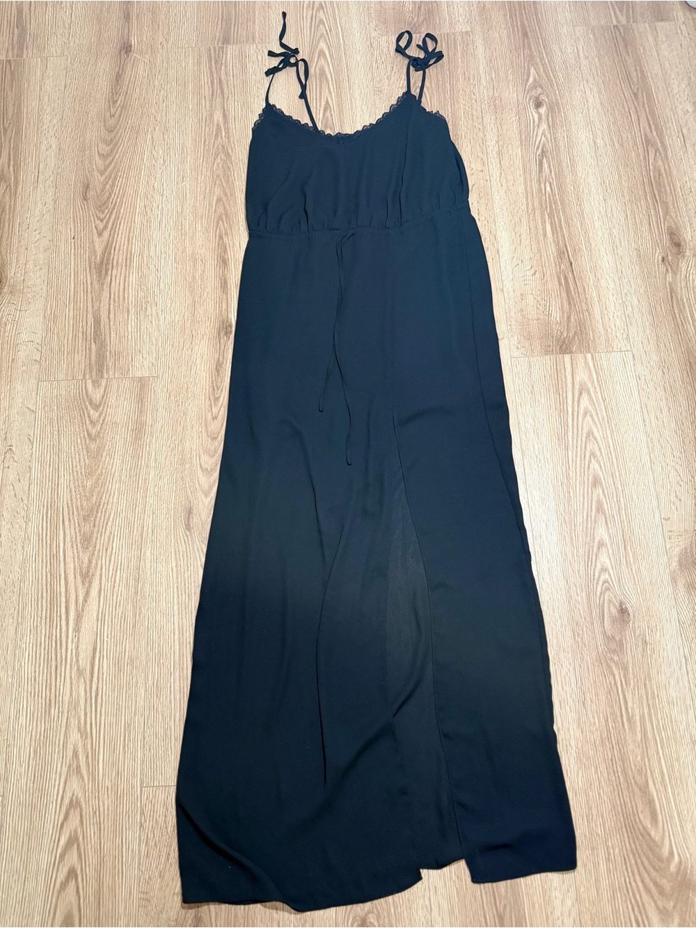 FOREVER 21 Black Lace Trim Maxi Slip Dress Tie Straps High Slit Size S